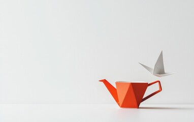 Orange Origami Teapot and White Origami Bird on White Background