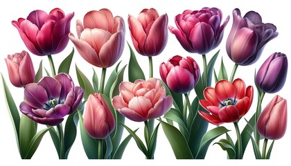 Fototapeta premium Beautifully illustrated tulips in shades of pink and purple, spring flowers in bloom, vibrant floral artwork.
