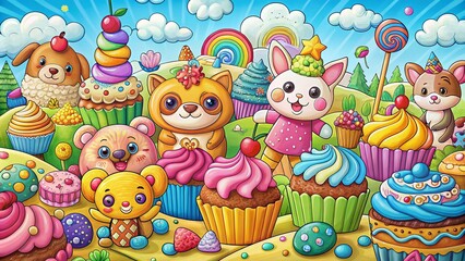 Fototapeta premium Adorable Animal Sweets Coloring Page: Panoramic Fun Food Illustration