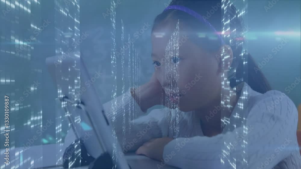 Poster in school, child using tablet with animation of digital data streams overlaying