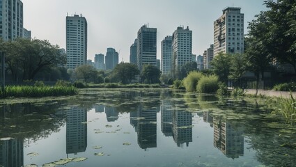 Urban skyline reflecting in a serene pond surrounded by greenery on a sunny day