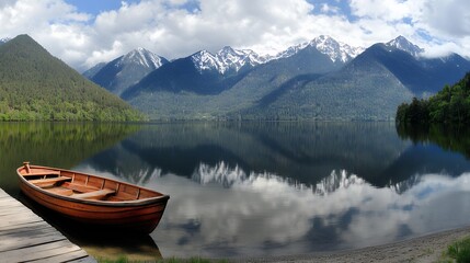 Obraz premium Rowboat on Tranquil Lake with Mountain Reflections and Scenic Landscape