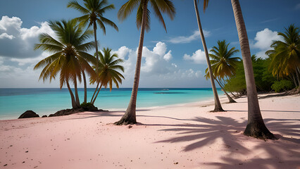 Obraz premium Tropical Pink Sand Beach with Coconut Palms