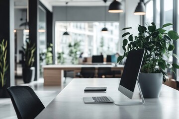 Fototapeta premium A sleek and modern real estate agency office with professional agents at work, corporate environment, clean and professional composition, copy space, natural color, minimalism, stock photography 