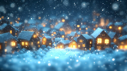 Fototapeta premium Cozy snow-dusted village at night