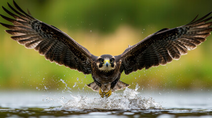 Fototapeta premium Majestic bird soaring above water, wings spread wide, capturing prey
