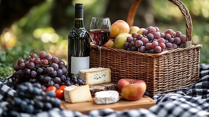 Elegant picnic scene featuring a basket, fruits, cheese varieties, and a glass of refreshing liquid in a peaceful outdoor setting.