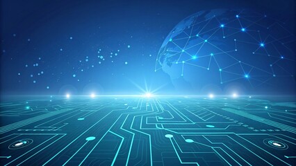 Obraz premium Futuristic Circuit Board Network with Glowing Blue Nodes and Hexagonal Patterns, Visionary Digital Technology Art