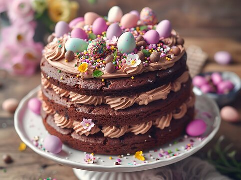 A beautifully decorated, rich, and moist chocolate cake perfect for Easter celebrations. This gourmet-style chocolate layer cake is topped with creamy