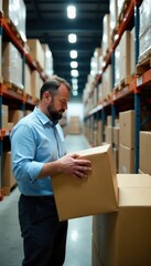 Careful package examination in busy warehouse , staff, wholesale