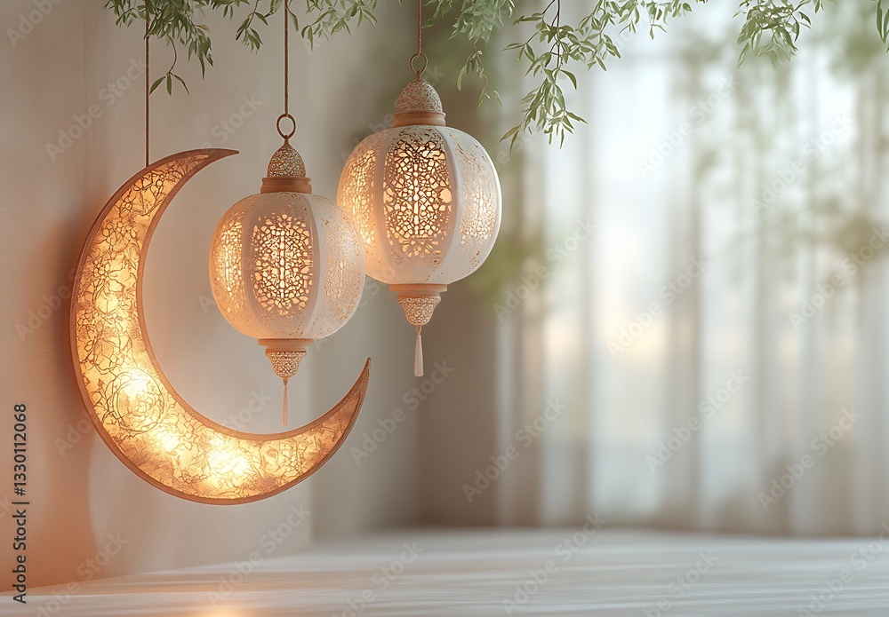 Poster elegant hanging lanterns with glowing crescent moon and soft backdrop
