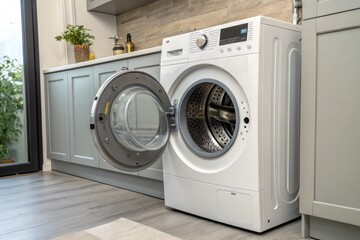 Modern Open Door Washing Machine in Stylish Kitchen With Light Wood Accents and Natural Elements Generative AI