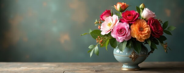 Elegant vintage floral bouquet in antique vase, pretty, photography