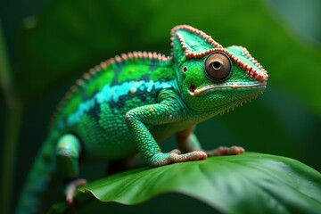Obraz premium Emerald chameleon perfectly camouflaged on lush, tropical leaf , wildlife photography, background, plant