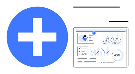 Interactive analytics dashboard displaying charts, graphs, diagrams, blue plus sign symbolizing progress, growth. Ideal for business analysis, teamwork, healthcare, marketing productivity data