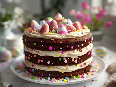 Easter-Themed Moist Chocolate Layer Cake Decorated with Colorful Mini Eggs, Festive Sprinkles, and Edible Flowers on a White Porcelain Plate in Soft Natural Light.