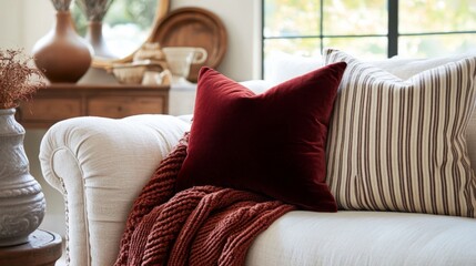 Cozy living room with plush burgundy pillows and warm textiles creating a welcoming atmosphere for relaxation and comfort