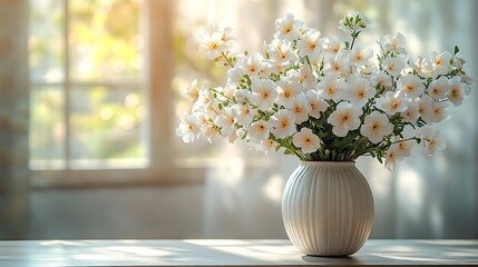 Fototapeta premium Elegant White Flowers in a Vase on a Wooden Table with Soft Sunlight Streaming Through the Window.