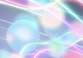 Soft neon light waves intertwine with glowing spheres, creating a dreamy, futuristic abstract composition with pastel hues and smooth gradients. 3d image