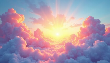 Pastel watercolor sky, vibrant sun rays burst through fluffy clouds , fantasy, happy