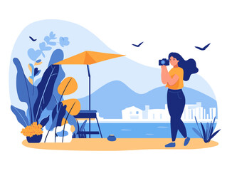 Obraz premium Person taking photo on vacation with beautiful scenery in background in travel and hospitality setting