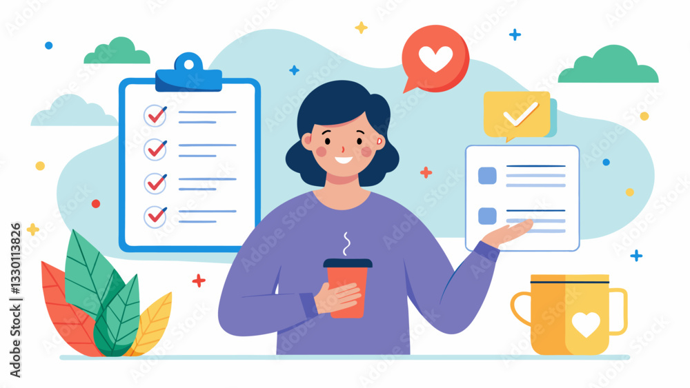 Poster a selfcare checklist to encourage daily activities that improve mood and overall wellbeing.. vector 