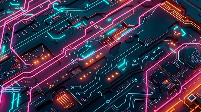 Abstrakte digitale Schaltkreise in Neonfarben