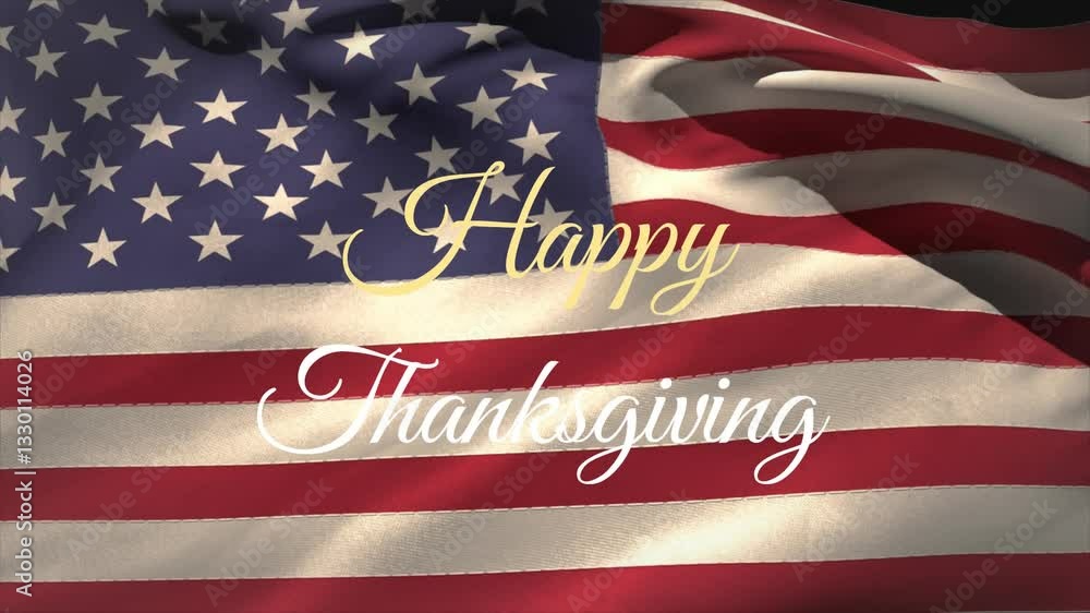 Poster animation of american flag waving with happy thanksgiving text in elegant script