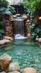 Fototapeta premium A small indoor waterfall cascades into a clear and still pool
