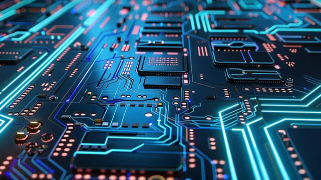 Detailaufnahme einer Computerplatine mit Datenstr&ouml;men