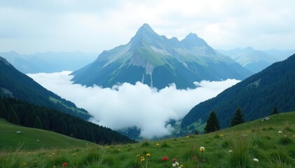 Fototapeta premium Overcast sky with a layer of fog on the mountain, alps, foggy