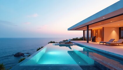 Fototapeta premium Stunning modern villa, sleek design, breathtaking ocean vista, sleek, home