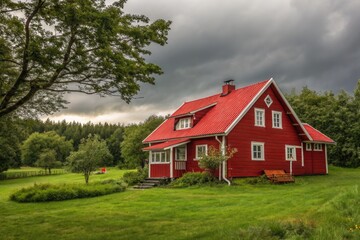 Charming Red House With Red Roof Set Against a Dramatic Sky and Lush Greenery in a Serene Rural Location Generative AI