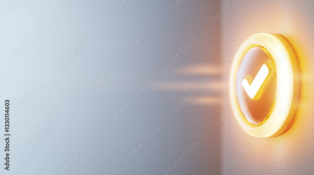 Poster glowing power button with check mark symbol, symbolizing approval and success