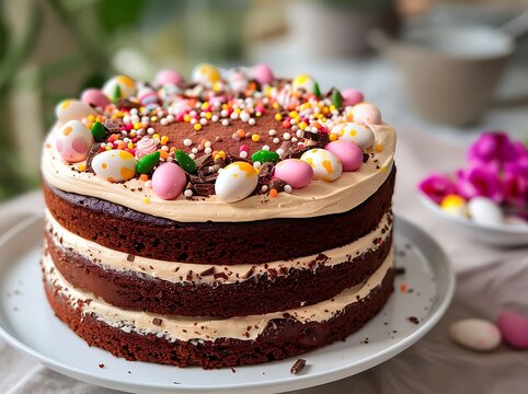 Easter-Themed Moist Chocolate Layer Cake Decorated with Colorful Mini Eggs, Festive Sprinkles, and Edible Flowers on a White Porcelain Plate in Soft Natural Light.
