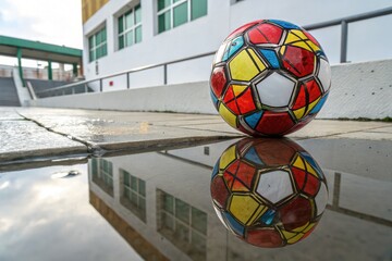 Shiny Soccer Ball Resting on Reflective Surface With Colorful Design in Urban Setting Generative AI