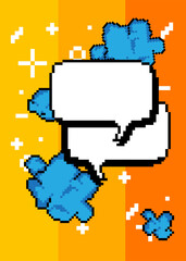 Pixelated speech bubble with geometric graphic background. Retro cartoon vector.
