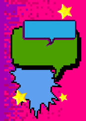 Pixelated speech bubble with geometric graphic background. Retro cartoon vector.