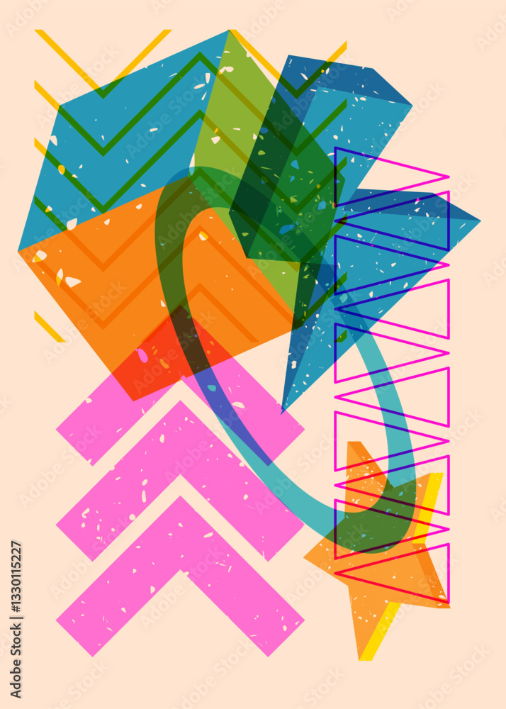 Poster colorful geometric shapes. object in trendy riso graph design. geometry elements abstract risograph 