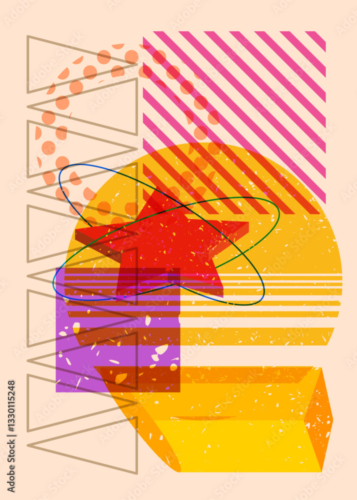 Poster colorful geometric shapes. object in trendy riso graph design. geometry elements abstract risograph 