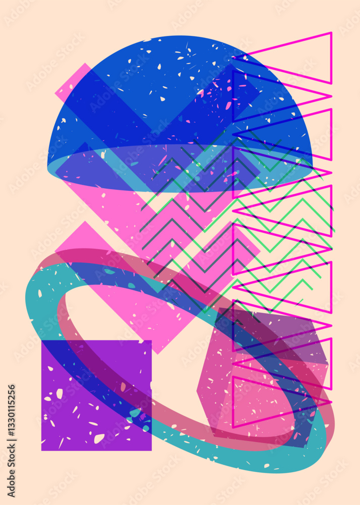 Poster colorful geometric shapes. object in trendy riso graph design. geometry elements abstract risograph 