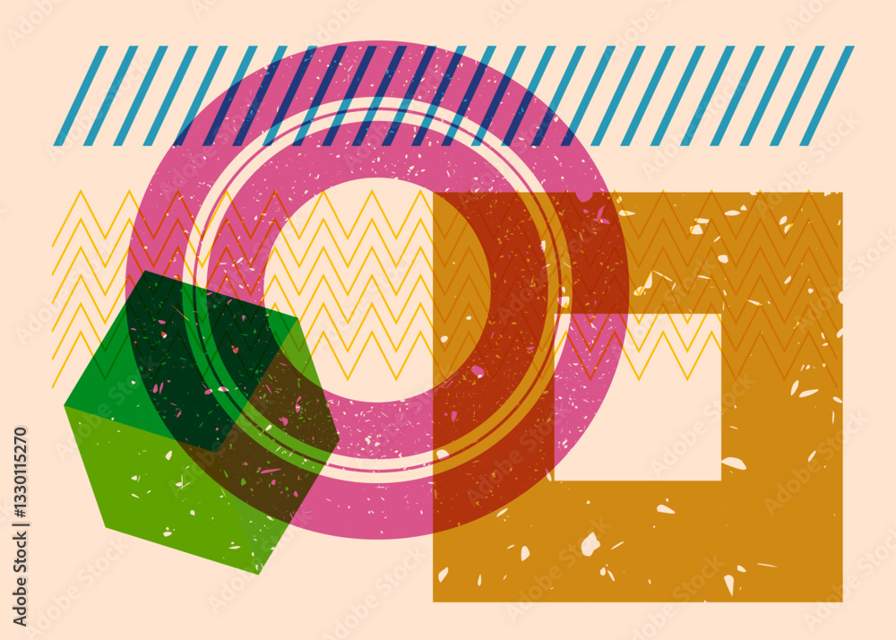 Poster colorful geometric shapes. object in trendy riso graph design. geometry elements abstract risograph 