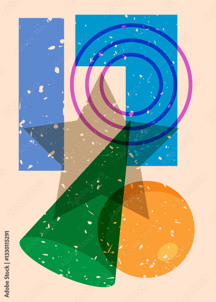 Poster colorful geometric shapes. object in trendy riso graph design. geometry elements abstract risograph 
