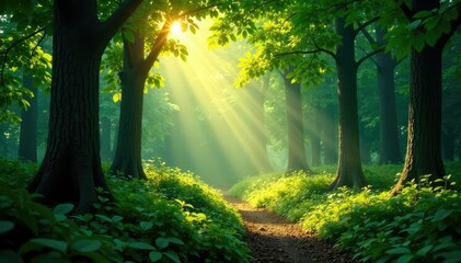 Obraz premium Overgrown forest with sunlight filtering through, woods, sunlight, overgrown