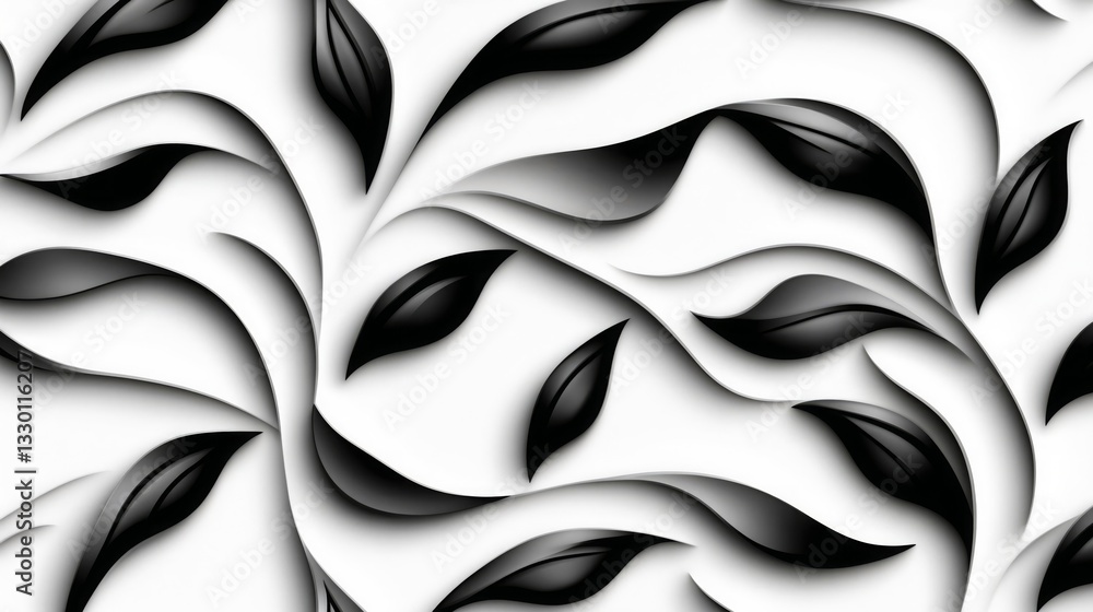 Poster abstract black-and-white pattern with gradient leaves creating shadow effects