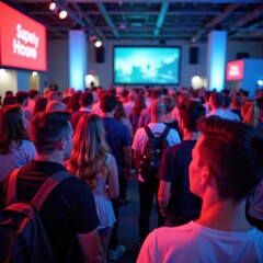 Diverse attendees networking at tech conference, trade show, connection
