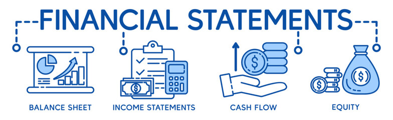 Financial statement banner web icon for business organization, profit, loss, income statement, balance sheet, cash flow and equity. Minimal vector cartoon infographic.