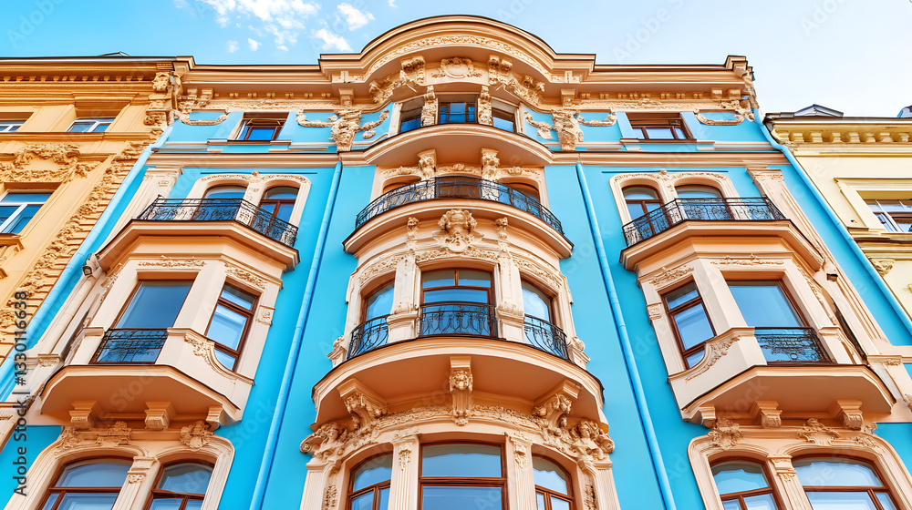 Poster historic building with symmetrical ornamentation under a clear blue sky creating a striking architec