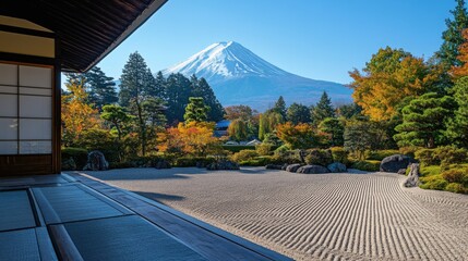 Fototapeta premium Zen garden with raked sand leads toward colorful trees and a snow capped mountain under clear blue sky viewed from building veranda.