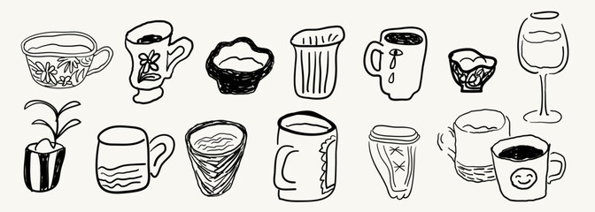 cups and mugs set in hand drawn style in vector. Element for design advertisement mail posts poster print postcard banner menu decor backgrounds